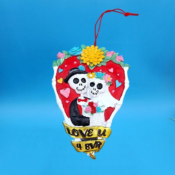 Sugar Skull Day of the Dead Love U 4 Skeleton Couple Heart Ornament Valentine - Picture 5 of 12